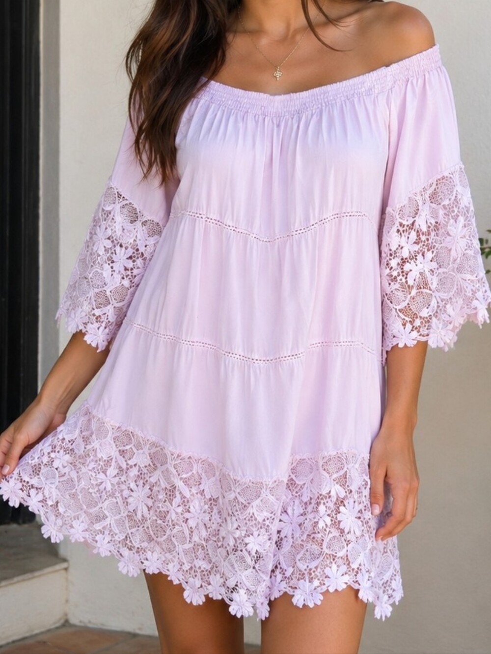 Solitaire Swim Rayon & Crochet Off-Shoulder Beach Cover-Up Dress| Medium